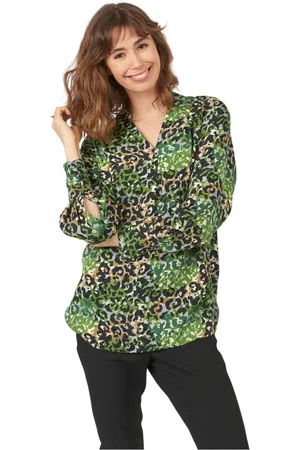 Elton Bluser & Skjorter, Dame, Flerfarvet, XL, Grøn Leopard Print V-Hals Bluse