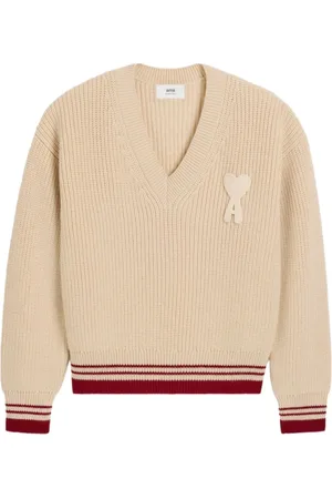 Ami Strik, Herre, , XS, Creme Hvid V-Hals Striktrøje Sweater