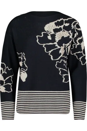 Betty Barclay Strik, Dame, Blå, M, Uld, Blomstret Jacquard Striktrøje