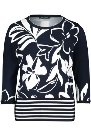 Betty Barclay Strik, Dame, Blå, L, Uld, Blomstret Finstrik Pullover med Striber