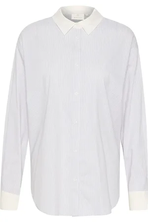 Kaffe Bluser & Skjorter, Dame, Blå, S, Uld, Stribet Oversized Skjortebluse Hvid/Grå