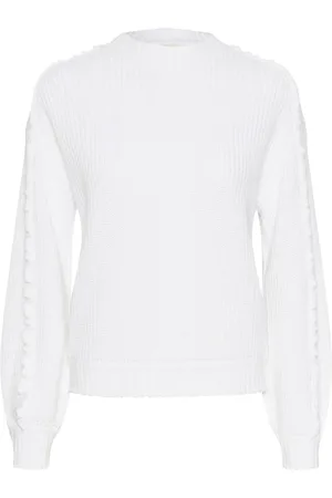 Kaffe Strik, Dame, Hvid, S, Bomuld, Hyggelig Strik Pullover med Krøllede Detaljer