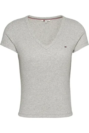 Tommy Hilfiger Top, Dame, Grå, L, Bomuld, Essentiel Tætsiddende V-hals T-shirt til kvinder