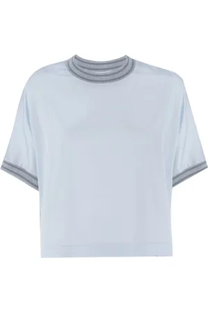PANICALE Top, Dame, Blå, S, Silkebluse med kontrastfarvede kanter