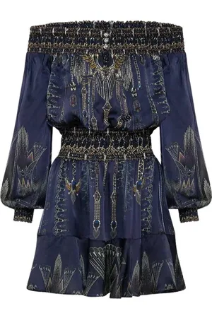 Camilla Kjole, Dame, Blå, XS, Uld, Off Shoulder Kort Kjole Egyptisk Effekt