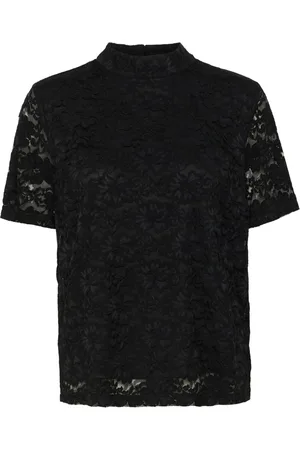 Cream Bluser & Skjorter, Dame, Sort, S, Sort Blondebluse med korte ærmer