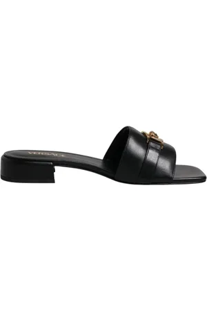 VERSACE Sko, Dame, Sort, 37 EU, Læder, Sort læderlogo-slidesandaler