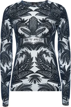 Etro Top, Dame, Blå, M, Uld, Blå Crewneck med Frø og Paisley