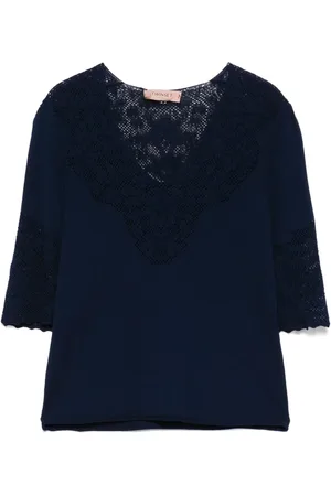 Twin-Set Bluser & Skjorter, Dame, Blå, S, Uld, Blå V-hals Sweaters Rullet Kant