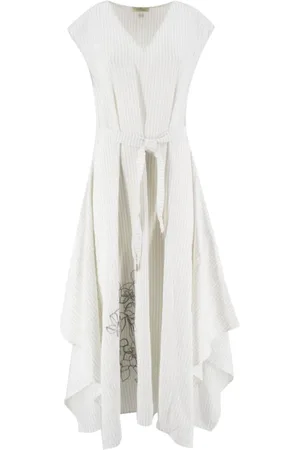 PANICALE Kjole, Dame, Hvid, XS, Uld, Stribet Midi Kjole med Blomsterbroderi