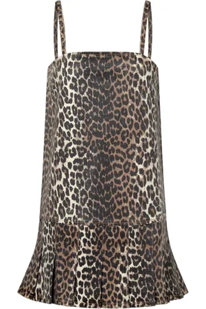 Ganni Kjole, Dame, Brun, S, Denim, Leopard Foil Print Denim Strap Kjole