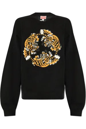 Kenzo Strik, Herre, Sort, M, Bomuld, Sweater med broderet tiger-motiv