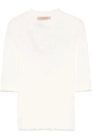 Twin-Set Strik, Dame, Hvid, S, Hvide Crew Neck Sweaters med Scallop Edge