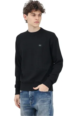 Calvin Klein Strik, Herre, Sort, 2XL, Bomuld, Sort Crewneck Sweater med Logo Patch