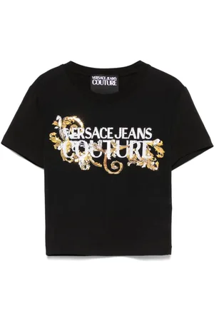 VERSACE Top, Dame, Sort, S, Krystalpyntet Sort T-shirt Polo
