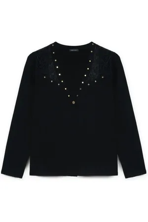 Fiorella rubino Strik, Dame, Sort, XS, Polyester, Cardigan med nitter og blonder