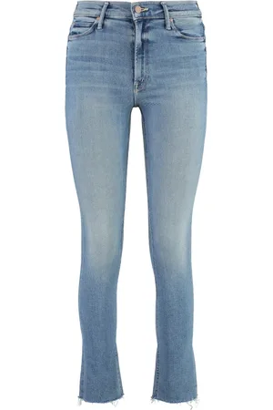Mother Jeans, Dame, Blå, W29, Bomuld, Dazzler Straight Leg Jeans med Frayed Hem