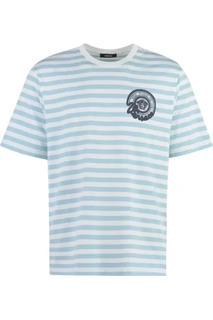 VERSACE Top, Herre, Blå, M, Bomuld, Stribet bomuld T-shirt med ribbet halsudskæring