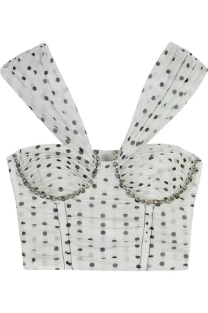 Self-Portrait Top, Dame, Hvid, 2XS, Polyester, Polka-dot Korset Top med Rhinestones