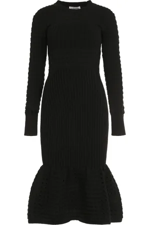 Alexander McQueen Kjole, Dame, Sort, XS, Bomuld, Flared Ribstrikket Midi Kjole