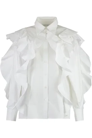 Alberta Ferretti Bluser & Skjorter, Dame, Hvid, S, Bomuld, Ruffled Poplin Bomuld Skjorte