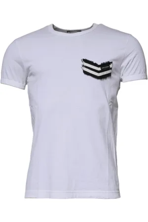 Dolce & Gabbana Top, Herre, Hvid, M, Bomuld, Hvid Stribet Crew Neck T-shirt