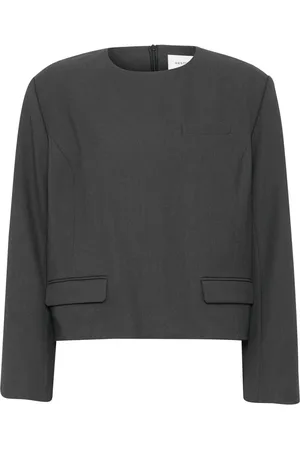 Gestuz Bluser & Skjorter, Dame, Grå, M, Polyester, Mørkegrå Bluse med Lange Ærmer