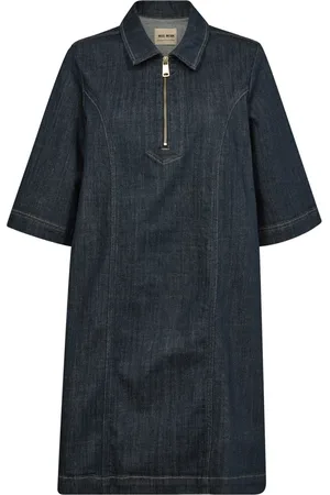 Mos Mosh Kjole, Dame, Blå, S, Denim, Denim Kjole med ½ Ærmer og Lynlås