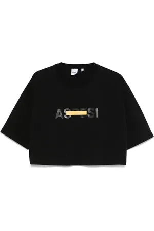 Aspesi Top, Dame, Sort, S, Bomuld, Logo Print Cropped T-Shirt