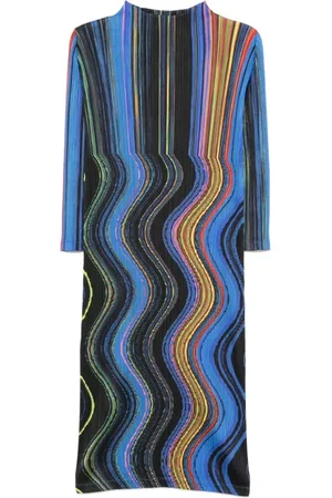 Issey Miyake Kjole, Dame, Flerfarvet, XL, Uld, Stilfuld Warp Kjole