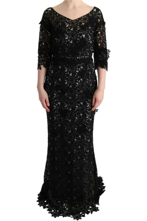 Dolce & Gabbana Kjole, Dame, Sort, 2XS, Bomuld, Elegant Sort Maxi Kjole med Blomst Applikation