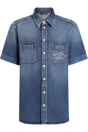 Dolce & Gabbana Skjorte, Herre, Blå, 2XL, Denim, Blå Frontknap Skjorte Logo Print