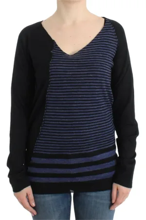Costume National Strik, Dame, Sort, M, Uld, Stribet V-hals Pullover i Sort