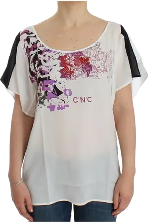 Costume National Bluser & Skjorter, Dame, Hvid, M, Polyester, Elegant hvid V-hals T-shirt med print