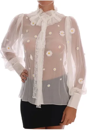 Dolce & Gabbana Bluser & Skjorter, Dame, Hvid, 2XS, Hvid silkebluse med margueritapplikationer