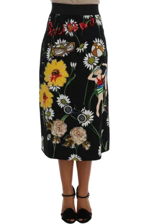Dolce & Gabbana Nederdel, Dame, Sort, 2XS, Uld, Sort pyntet Daisy Brocade Nederdel