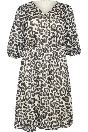 Kaffe Kjole, Dame, Flerfarvet, 4XL, Polyester, Leopard Print Kjole med 3/4 Ærmer