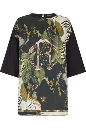 Roberto Cavalli Top, Dame, Flerfarvet, S, Bomuld, Jungle Print Mirror Snake Monogram T-Shirt