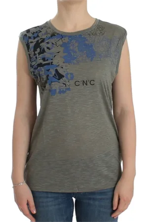 Costume National Top, Dame, Grå, L, Polyester, Elegant rmlst gr top med bl detaljer