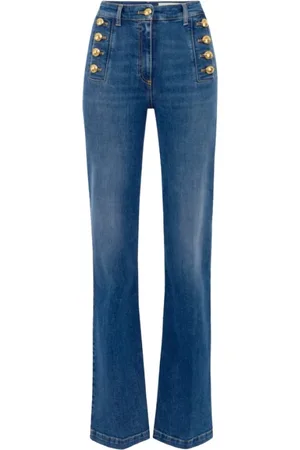 Elisabetta Franchi Jeans, Dame, Blå, W25, Bomuld, Flared High Waist Sailor Button Jeans