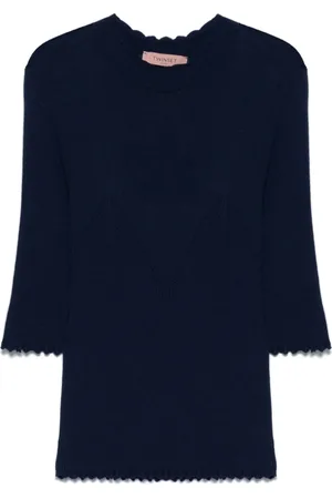 Twin-Set Strik, Dame, Blå, M, Blå Ruffle Sweaters Mock Neck Stil