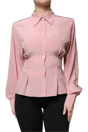 Dolce & Gabbana Bluser & Skjorter, Dame, Lyserød, XS, Silkekraget bluse med logodetaljer