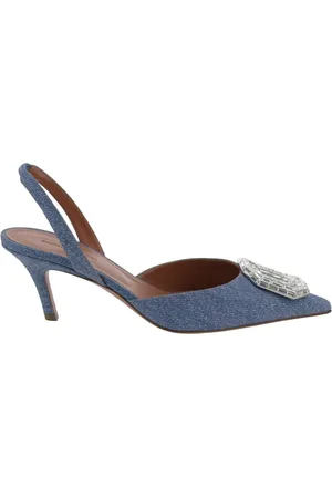 Amina Muaddi Sko, Dame, Blå, 37 EU, Denim, Printede Denim Sling Pumps med Spejlet Tilbehør