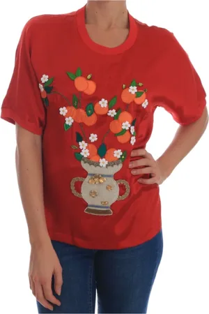 Dolce & Gabbana Top, Dame, Rød, S, Bomuld, Elegant rød silkebluse med krystaludsmykninger