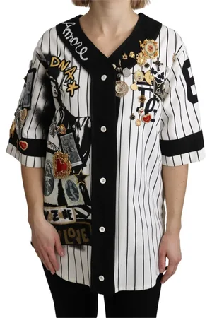 Dolce & Gabbana Bluser & Skjorter, Dame, Flerfarvet, 3XS, Bomuld, Stribet V-hals bluse med charme