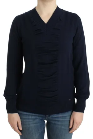 Costume National Strik, Dame, Blå, S, Uld, Elegant V-hals Pullover i Mørkeblå