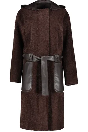 Low Classic Frakke, Dame, Brun, L, Uld, Vendbar Faux Shearling Frakke med Hætte
