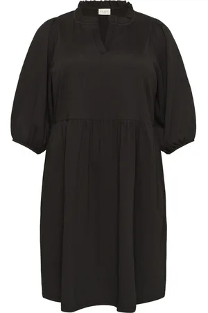 Kaffe Kjole, Dame, Sort, 7XL, Polyester, Feminin Kjole med Flæsedetalje