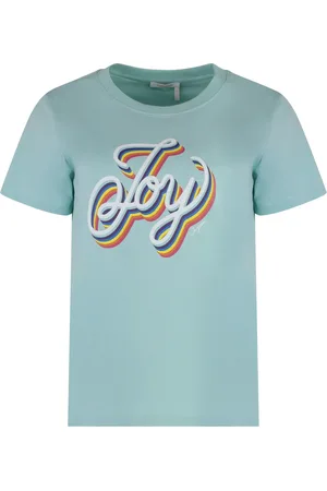 See by Chloé Top, Dame, Blå, XS, Bomuld, Bomuld T-shirt med Ribbed Krave