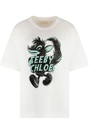 See by Chloé Top, Dame, Hvid, S, Bomuld, Bomuld T-shirt Ribbet Krave Print